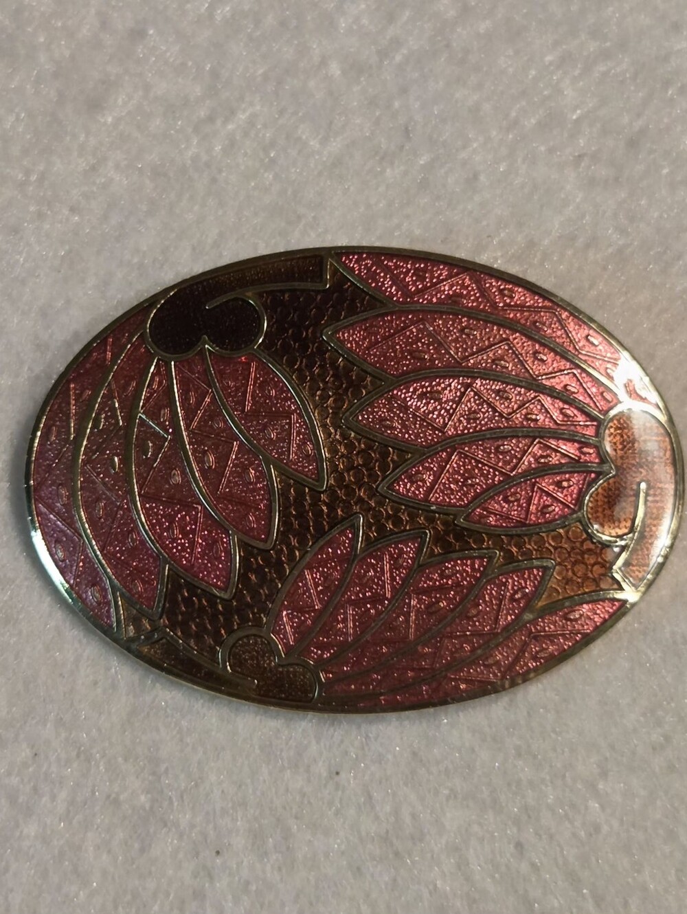 Vintage Behan Pink and Red floral or Leaf Pattern Cloisonné Enamel Brooch / Pin